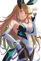 Rule 34 | 1girl, absurdres, armpits, blonde hair, blush, breasts, chest jewel, cleavage, core crystal (xenoblade), covered navel, cowboy shot, dangle earrings, detached collar, drop earrings, earrings, elbow gloves, gem, gloves, hand up, headpiece, highres, jewelry, large breasts, leotard, long hair, looking at viewer, mythra (xenoblade), open mouth, origami yakko, rabbit tail, solo, speech bubble, swept bangs, tail, thigh strap, tiara, white background, xenoblade chronicles (series), xenoblade chronicles 2, yellow eyes