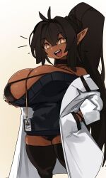 Rule 34 | 1girl, black hair, black panties, breasts, character name, character request, choker, coat, curvy, dark-skinned female, dark skin, female focus, highres, huge breasts, id card, lab coat, long hair, mole, mole on thigh, original, overcoat, panties, plump, pointy ears, ponytail, simple background, smile, solo, tagme, thick thighs, thighhighs, thighs, underwear, yellow eyes, zanamaoria