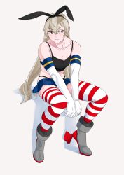 Rule 34 | 1girl, aged up, alternate eye color, bad id, bad twitter id, bare shoulders, black panties, black tank top, blonde hair, blush, breasts, cleavage, closed mouth, collarbone, elbow gloves, full body, gloves, hair between eyes, headband, highleg, highleg panties, highres, kantai collection, long hair, microskirt, miniskirt, ojipon, panties, shimakaze (kancolle), sitting, skirt, solo, striped clothes, striped thighhighs, tank top, thick eyebrows, thighhighs, underwear, white gloves