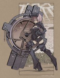Rule 34 | 1girl, armored boots, boots, decoponmagi, fate/grand order, fate (series), hair over one eye, head-mounted display, holding, holding shield, mash kyrielight, mash kyrielight (ortenaus), purple hair, shield, short hair, solo