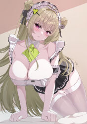 Rule 34 | 1girl, antenna hair, apron, arm support, black dress, black ribbon, blunt bangs, blurry, blurry background, blush, breasts, chimunge, cleavage, double bun, dress, frilled apron, frills, gloves, goddess of victory: nikke, green hair, hair bun, hair ornament, hair ribbon, hairclip, hand up, highres, huge breasts, indoors, leaning forward, long hair, maid headdress, mole, mole on breast, no shoes, on bed, open mouth, pink eyes, ribbon, sleeveless, sleeveless dress, soda (nikke), teeth, thighhighs, thighs, upper teeth only, very long hair, white apron, white gloves, white thighhighs, zettai ryouiki