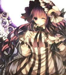 Rule 34 | 1girl, bad id, bad pixiv id, bow, capelet, crescent, crescent hair ornament, hair bow, hair ornament, highres, jpeg artifacts, long hair, namakuby, one eye closed, patchouli knowledge, purple eyes, purple hair, solo, touhou