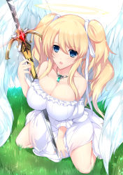 Rule 34 | 1girl, angel, angel wings, bad id, bad pixiv id, bare shoulders, blonde hair, blue eyes, blush, breasts, cleavage, female focus, hair ribbon, halo, highres, kneeling, large breasts, long hair, looking at viewer, minamon (vittel221), open mouth, original, ribbon, seiza, sitting, solo, sword, twintails, weapon, wings