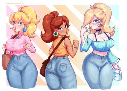 Rule 34 | 3girls, absurdres, artist name, ass, bag, bare shoulders, black choker, blonde hair, blue background, blue eyes, blue pants, blue shirt, blush, border, bracelet, breasts, brown bag, brown hair, buttons, choker, cleavage, clenched hand, closed mouth, collarbone, crop top, cropped legs, denim, earrings, eyelashes, flower earrings, freckles, gradient background, hair over one eye, hair tie, hand up, handbag, high-waist pants, high ponytail, highres, holding, holding bag, jeans, jewelry, large breasts, lips, long sleeves, looking at viewer, looking back, mario (series), mature female, medium hair, multiple girls, nintendo, off-shoulder shirt, off shoulder, open mouth, orange background, orange shirt, pants, patreon username, pendant, pendant choker, pink background, pink lips, pocket, ponytail, princess daisy, princess peach, ribbed sweater, rosalina, rumblyf, shirt, shirt tucked in, shoulder bag, sleeveless, sleeveless shirt, star (symbol), star earrings, super mario bros. 1, super mario galaxy, super mario land, sweater, tan, taut clothes, taut sweater, teeth, thick lips, thick thighs, thigh gap, thighs, tight clothes, tight pants, tight shirt, turtleneck, turtleneck sweater, upper teeth only, watermark, web address, white border, wide hips, wide sleeves