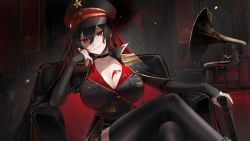 Rule 34 | 1girl, armchair, black hair, black thighhighs, blood, blood on breasts, blood on face, breasts, chair, choker, cleavage, commentary, commission, crossed legs, empty eyes, english commentary, epaulettes, general kuromiya erina, hand on hilt, hat, head rest, highres, hiiragi mikoto, indie virtual youtuber, indoors, jacket, jacket on shoulders, katana, large breasts, long hair, looking at viewer, military, military hat, military uniform, phonograph, red eyes, second-party source, sitting, skeb commission, sleeves past wrists, smirk, solo, sword, thighhighs, underbust, uniform, virtual youtuber, weapon