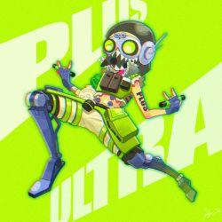 Rule 34 | 1boy, \m/, abs, apex legends, arm tattoo, black headwear, chromatic aberration, cropped vest, double \m/, fingerless gloves, gloves, goggles, green background, green vest, grey shorts, highres, holding, holding syringe, keychi, mask, mechanical legs, mouth mask, octane (apex legends), shorts, syringe, tattoo, vest