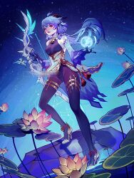 Rule 34 | 1girl, ahoge, bare shoulders, bell, black gloves, black horns, black pantyhose, blue hair, bodystocking, bow (weapon), breasts, cowbell, detached sleeves, flower, full body, ganyu (genshin impact), genshin impact, gloves, gold trim, high heels, holding, holding bow (weapon), holding weapon, horns, long hair, low ponytail, medium breasts, neck bell, pantyhose, parted lips, pink flower, signature, skirt, solo, thigh strap, tholia bentz, underbust, watermark, weapon, web address, white footwear, white skirt