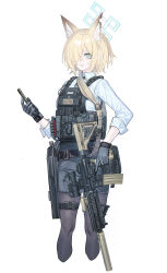 Rule 34 | 1girl, absurdres, animal ears, aqua eyes, assault rifle, belt pouch, black gloves, black pantyhose, black skirt, blonde hair, blue archive, blue halo, bulletproof vest, collared shirt, dog ears, dog girl, echj, gloves, gun, h&amp;k hk416, hair over one eye, halo, highres, holding, holding phone, holding weapon, kanna (blue archive), kanna (young) (blue archive), long sleeves, looking at viewer, miniskirt, pants, pantyhose, parted lips, phone, bulletproof vest, police, police uniform, policewoman, pouch, revision, rifle, shirt, short hair, shotgun, skirt, solo, tactical clothes, thigh strap, uniform, weapon, weapon request, white shirt