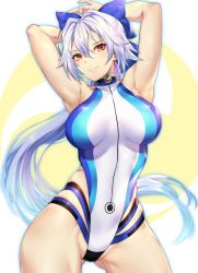 Rule 34 | 1girl, armpits, arms behind head, arms up, blue bow, blue one-piece swimsuit, blush, bow, breasts, competition swimsuit, fate/grand order, fate (series), hair between eyes, hair bow, highleg, highleg swimsuit, highres, large breasts, long hair, looking at viewer, nasaniliu, one-piece swimsuit, ponytail, red eyes, silver hair, smile, swimsuit, thighs, tomoe gozen (fate), tomoe gozen (swimsuit saber) (fate), tomoe gozen (swimsuit saber) (first ascension) (fate), two-tone swimsuit, white one-piece swimsuit