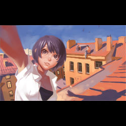 Rule 34 | 1boy, 1girl, bad id, bad tumblr id, black eyes, blue sky, breasts, building, cleavage, closed mouth, commentary, dress shirt, english commentary, ilya kuvshinov, letterboxed, lips, original, purple hair, reaching, reaching towards viewer, rooftop, selfie, shadow, shirt, short hair, sitting, sky