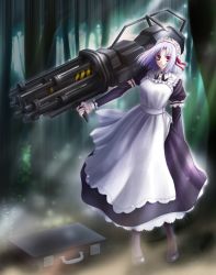 Rule 34 | 1girl, extravaganza, game cg, gun, maid, outdoors, red eyes, solo, suitcase, weapon, white hair