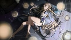 Rule 34 | 1girl, absurdres, arknights, ass, bare legs, barefoot, belt, black gloves, blue dress, breasts, brown hair, cleavage cutout, clothing cutout, constellation, danope, dress, flower, frilled dress, frills, from above, full body, gloves, hair ornament, highres, indigo (arknights), long hair, long sleeves, looking at viewer, looking up, lying, on floor, on side, parted lips, pointy ears, purple eyes, short dress, small breasts, solo, tail, test tube, thigh strap, very long hair, white dress, white flower, wide sleeves