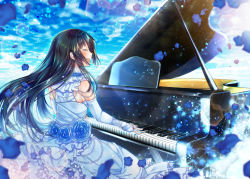 Rule 34 | 1girl, bang dream!, black hair, blue dress, blue flower, blue gloves, blue rose, closed eyes, commentary request, day, dress, elbow gloves, fingerless gloves, flower, frilled dress, frills, gem, gloves, grand piano, hair blowing, instrument, long hair, music, open mouth, outdoors, pearl (gemstone), petals, piano, playing instrument, playing piano, rose, shirokane rinko, smile, solo, tsurugi hikaru