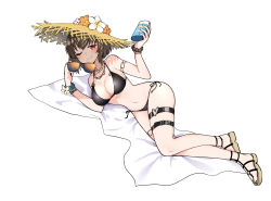 Rule 34 | 1girl, absurdres, bare shoulders, bead bracelet, bead necklace, beads, bikini, bottle, bracelet, breasts, brown hair, brown hat, cleavage, counter:side, flower, full body, halterneck, hat, hat flower, hibiscus, highres, holding, holding removed eyewear, jewelry, joo shiyoung, junsuina fujunbutsu, large breasts, looking at viewer, lying, navel, necklace, official alternate costume, on side, one eye closed, red eyes, sandals, short hair, side-tie bikini bottom, simple background, smile, solo, stomach, straw hat, string bikini, sunglasses, swimsuit, thigh strap, thighs, towel, unworn eyewear, white background, wristband