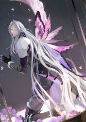 Rule 34 | 1boy, armor, bangle, bishounen, black coat, black footwear, black gloves, black pants, boots, bracelet, bug, butterfly, butterfly wings, closed mouth, coat, final fantasy, final fantasy vii, final fantasy vii remake, flower, gloves, grey hair, highres, insect, insect wings, jewelry, kneeling, long bangs, long coat, long hair, long sleeves, looking back, male focus, pants, parted bangs, purple flower, purple wings, sephiroth, shoulder armor, solo, sparkle, very long hair, wings, zzchen22