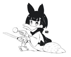 Rule 34 | 1girl, animal ears, arm guards, barefoot, fox ears, fox girl, fox tail, full body, greyscale, holding, holding sword, holding weapon, japanese clothes, kimono, mawaru (mawaru), monochrome, mouth hold, original, ribbon trim, scarf, short hair, short sword, simple background, sitting, soles, solo, sword, tail, tantou, thick eyebrows, weapon, white background