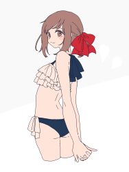 Rule 34 | 1girl, arms behind back, ass, bikini, blush stickers, bow, brown eyes, brown hair, cropped legs, frilled bikini, frills, from behind, hair bow, highres, looking at viewer, looking back, maco22, original, own hands together, side-tie bikini bottom, smile, solo, swimsuit
