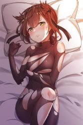 Rule 34 | 1girl, bare shoulders, bed sheet, black bodysuit, black hairband, blush, body blush, bodysuit, breasts, brown hair, closed mouth, clothes writing, evening, feet out of frame, from above, frown, hachimaki, hair flaps, hairband, hatsuzuki (kancolle), head tilt, headband, highres, kantai collection, konnyaku (kk-monmon), leg up, looking at viewer, lying, medium breasts, on back, panties, panties under bodysuit, pillow, shiny skin, short hair, skin tight, solo, sweat, tearing up, tears, torn bodysuit, torn clothes, underwear, wavy mouth, white panties, yellow eyes