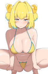 Rule 34 | 1girl, absurdres, areola slip, bikini, blonde hair, blue eyes, blue hair, blush, bombergirl, breasts, cleavage, closed mouth, clover-shaped pupils, colored tips, gigajunkieriot, gluteal fold, grenade hair ornament, hair intakes, highres, large breasts, looking at viewer, multicolored hair, pine (bombergirl), short hair, simple background, solo, squatting, swimsuit, symbol-shaped pupils, two side up, white background, yellow bikini