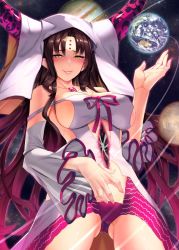 Rule 34 | 10s, 1girl, bare shoulders, black hair, blush, breasts, cleavage, collarbone, cowboy shot, detached sleeves, earth (planet), facial mark, fate/extra, fate/extra ccc, fate (series), forehead mark, gluteal fold, horns, large breasts, long hair, long sleeves, looking at viewer, panties, parted lips, planet, purple panties, revealing clothes, scottie (phantom2), sessyoin kiara, sideboob, smile, solo, underwear, veil, very long hair, wide sleeves, yellow eyes