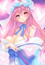 Rule 34 | 1girl, alternate hair length, alternate hairstyle, blue hat, breasts, bug, butterfly, cleavage, closed mouth, commentary, hat, highres, insect, large breasts, looking at viewer, mob cap, natsume nadeshiko, pink eyes, pink hair, saigyouji yuyuko, solo, touhou, traditional media, triangular headpiece, upper body