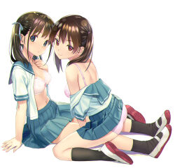 Rule 34 | 2girls, black socks, blue eyes, blue ribbon, blue sailor collar, blue skirt, bra, breasts, brown hair, clothes pull, commentary request, from side, full body, hair ribbon, kneehighs, kneeling, koutaro, long hair, multiple girls, navel, open clothes, open shirt, original, panties, pink bra, pink panties, red eyes, ribbon, sailor collar, school uniform, serafuku, shirt pull, shoes, short sleeves, side ponytail, simple background, sitting, skirt, socks, summer uniform, twintails, underwear, uwabaki, white background, white footwear, yuri