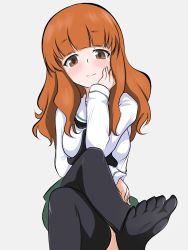 Rule 34 | 1girl, black neckerchief, black thighhighs, blouse, blunt bangs, blush, boko dream, closed mouth, commentary request, crossed legs, feet, female focus, girls und panzer, green skirt, half-closed eyes, hand on own face, highres, long hair, long sleeves, looking at viewer, miniskirt, neckerchief, no shoes, ooarai school uniform, orange eyes, orange hair, partial commentary, pleated skirt, sailor collar, school uniform, serafuku, shirt, simple background, sitting, skirt, smile, solo, takebe saori, thighhighs, white sailor collar, white shirt