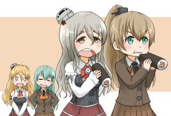 Rule 34 | 10s, 4girls, :d, :t, ascot, b-man, braid, brown eyes, brown hair, commentary request, curly hair, detached sleeves, eating, ehoumaki, food, french braid, green eyes, green hair, headgear, holding, kantai collection, kumano (kancolle), light brown hair, long hair, makizushi, multiple girls, open mouth, pleated skirt, pola (kancolle), ponytail, silver hair, skirt, smile, sushi, suzuya (kancolle), wavy mouth, zara (kancolle)
