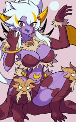 Rule 34 | 1girl, arms up, blonde hair, body markings, breasts, cat tail, claws, cleavage, colored skin, duel monster, elbow gloves, fangs, fur trim, furry, furry female, gloves, highres, horns, knee pads, large breasts, lunalight leo dancer, multicolored hair, open mouth, purple skin, red eyes, sharp teeth, solo, spread legs, squatting, streaked hair, sweatdrop, tail, teeth, wadatsumi (sense11531153), white hair, yu-gi-oh!, yu-gi-oh! arc-v