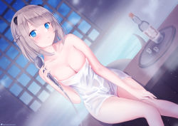 Rule 34 | 1girl, absurdres, bad id, bad pixiv id, blue eyes, blush, braid, breasts, cleavage, collarbone, daidai (daidai826), dutch angle, french braid, highres, holding, indie virtual youtuber, long hair, looking at viewer, lutra lutra, medium breasts, mole, mole under eye, naked towel, parted lips, silver hair, sitting, solo, towel, virtual youtuber, white towel