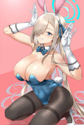 Rule 34 | 1girl, animal ears, armpits, asuna (blue archive), asuna (bunny) (blue archive), bare shoulders, blonde hair, blue archive, blue eyes, blue leotard, bow, bowtie, breasts, detached collar, fake animal ears, gloves, hair over one eye, hair ribbon, halo, high heels, highleg, highleg leotard, highres, large breasts, leotard, mole, mole on breast, official alternate costume, pantyhose, playboy bunny, rabbit ears, rabbit tail, rapapa, ribbon, simple background, squatting, strapless, strapless leotard, swept bangs, tail
