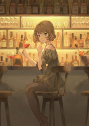 Rule 34 | 1girl, absurdres, alcohol, backlighting, bar (place), bar stool, bare shoulders, black dress, black pantyhose, blue eyes, blunt bangs, blush, bottle, bowl, brown hair, chair, closed mouth, commentary request, cup, dress, drinking glass, finger to mouth, fringe trim, green eyes, heterochromia, highres, holding, holding cup, idolmaster, idolmaster cinderella girls, index finger raised, indoors, looking at viewer, mole, mole under eye, no shoes, off-shoulder dress, off shoulder, pantyhose, ruien (wu jui-en), shelf, short hair, shushing, smile, solo, stool, takagaki kaede, whiskey, wine, wine glass