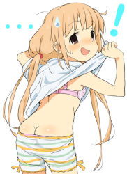 Rule 34 | ...!, 1girl, ass, blonde hair, blush, bra, bra strap, butt crack, clothes lift, clothes pull, cowboy shot, from behind, futaba anzu, idolmaster, idolmaster cinderella girls, lifted by self, long hair, mirakichi, panties, panty peek, panty pull, pink bra, pink panties, shirt, shirt lift, short sleeves, shorts, shorts pull, simple background, solo, striped clothes, striped shorts, underwear, underwear peek, underwear pull, white background, white shirt