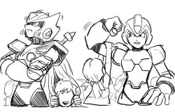 Rule 34 | armor, breastplate, chest jewel, child, forehead jewel, gem, gloves, helmet, highres, long hair, mechanical arms, mechanical ears, mechanical hands, mega man (series), x (mega man), mega man x (series), playing with another&#039;s hair, robot, serious, shoulder armor, sketch, smile, tanaka (is2 p), twintails, zero (mega man)
