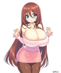 Rule 34 | 1girl, animated, animated gif, bare shoulders, blouse, blue eyes, blush, bouncing breasts, breasts, brown hair, bursting breasts, cleavage, collarbone, female focus, heart, huge breasts, jewelry, jiggle, long hair, long sleeves, necklace, one eye closed, shirt, shuz (dodidu), simple background, skirt, smile, tight clothes, white background, wide hips, wink