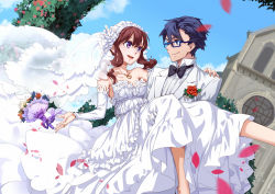 Rule 34 | 1boy, 1girl, bare shoulders, black eyes, blue hair, bouquet, bow, bowtie, bridal gauntlets, brown hair, carrying, church, couple, day, dress, flower, formal, glasses, gown, hetero, jewelry, long hair, necklace, original, petals, princess carry, purple eyes, short hair, sky, smile, strapless, strapless dress, tianna, traditional bowtie, tuxedo, wedding dress