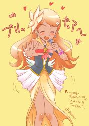 Rule 34 | 10s, 1girl, bad id, bad pixiv id, brooch, closed eyes, cowboy shot, cure sunset, dress, earrings, flower, flower earrings, hair flower, hair ornament, happinesscharge precure!, heart, heart brooch, jewelry, long hair, magical girl, microphone, music, ohana (happinesscharge precure!), ono toshihiro, orange hair, precure, singing, smile, solo, translation request, twitter username, yellow background, yellow dress