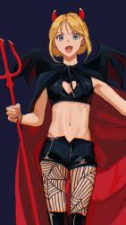 Rule 34 | 1girl, absurdres, bat wings, black shorts, black tank top, blonde hair, blue background, blue eyes, boots, cleavage cutout, clothing cutout, cropped legs, demon horns, fangs, fishnet pantyhose, fishnets, heart cutout, highres, holding trident, horns, knee boots, midriff, miromari, navel, open mouth, original, pantyhose, short hair, shorts, simple background, solo, spider web print, standing, tank top, wings