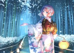 Rule 34 | 1girl, absurdres, alternate costume, ark royal (kancolle), bamboo, bamboo forest, blue eyes, blush, bob cut, carnelian, floral print, flower, forest, hair flower, hair ornament, hairband, highres, holding, holding lantern, japanese clothes, kantai collection, kimono, lantern, long sleeves, looking at viewer, looking back, nature, obi, outstretched arms, photoshop (medium), red hair, sash, short hair, smile, snow, solo, wide sleeves