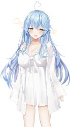 Rule 34 | 1girl, absurdres, ahoge, argule0901, bare shoulders, blue hair, blush, breasts, bubble, cleavage, commentary, dress, elbow gloves, ellow eyes, gloves, heart, heart ahoge, highres, hololive, large breasts, looking at viewer, messy hair, nightgown, open mouth, pointy ears, ribbon, sleepy, solo, standing, thighs, virtual youtuber, white dress, white ribbon, yukihana lamy