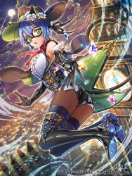 Rule 34 | 1girl, animal ears, black pantyhose, blue hair, boots, cat ears, cat tail, cityscape, clock, clock tower, domino mask, elbow gloves, elizabeth tower, flower, full moon, gem, gloves, green eyes, hat, hat flower, jewelry, looking at viewer, mask, moon, night, official art, original, pantyhose, ribbon, sila (carpen), tail, tailcoat, tenka touitsu chronicle, thigh boots, thighhighs, tower