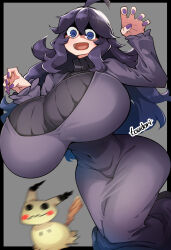 Rule 34 | 1girl, 1other, @ @, ahoge, alternate breast size, artist name, black border, blue eyes, blurry, border, bouncing breasts, breasts, claw pose, covered navel, cowboy shot, creatures (company), dot nose, dress, female focus, game freak, gen 7 pokemon, gigantic breasts, grey background, hair between eyes, hex maniac (pokemon), highres, huge breasts, impossible clothes, impossible dress, long dress, long hair, long sleeves, looking at viewer, messy hair, mimikyu, motion blur, nail polish, narrow waist, navel, nintendo, open mouth, pokemon, pokemon (creature), pokemon xy, purple dress, purple hair, purple nails, simple background, skin tight, smile, solo, standing, tail, toudori, turtleneck, w arms, wide hips