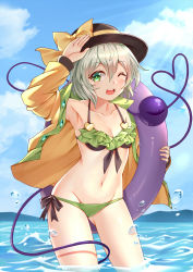 Rule 34 | 1girl, absurdres, arm up, armpits, bikini, black hat, blue sky, blush, bow, breasts, cleavage, cloud, collarbone, cowboy shot, day, frilled bikini, frills, gluteal fold, green bikini, green eyes, green hair, groin, hair between eyes, hat, hat bow, heart, heart of string, highres, holding, innertube, komeiji koishi, looking at viewer, navel, one eye closed, open clothes, open mouth, open shirt, shirt, short hair, side-tie bikini bottom, sky, small breasts, solo, standing, stomach, swim ring, swimsuit, thighs, third eye, touhou, wading, water, water drop, yangshangshu, yellow bow, yellow shirt
