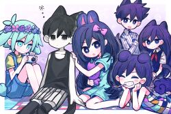Rule 34 | + +, 2girls, 4boys, absurdres, animal ears, aubrey (headspace) (omori), aubrey (omori), barefoot, basil (headspace) (omori), basil (omori), black eyes, black hair, black thighhighs, blue overalls, blue shirt, blush, camera, cat boy, cat ears, cat girl, cat tail, closed eyes, closed mouth, collarbone, colored skin, dog boy, dog ears, dog tail, facing viewer, flower, green eyes, green hair, grin, head wreath, hero (headspace) (omori), hero (omori), highres, holding, holding camera, holding stuffed toy, kel (headspace) (omori), kel (omori), long hair, long sleeves, looking at viewer, mari (headspace) (omori), mari (omori), multiple boys, multiple girls, omori, omori (omori), open mouth, overall shorts, overalls, parted lips, photo (object), purple eyes, purple hair, rabbit boy, rabbit ears, rabbit tail, shio 0585, shirt, short hair, short sleeves, sitting, smile, stuffed eggplant, stuffed toy, tail, tank top, teeth, thighhighs, wariza, white shirt, white skin, yellow shirt