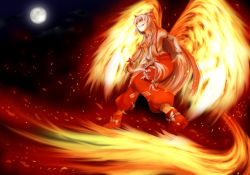 Rule 34 | 1girl, absurdres, bad id, bad pixiv id, bow, female focus, fiery tail, fiery wings, fire, flying, fujiwara no mokou, full moon, gradient background, grin, hair bow, highres, long hair, moon, night, outdoors, pants, shoes, sky, smile, solo, tail, takoyaki tabetai, touhou, wings