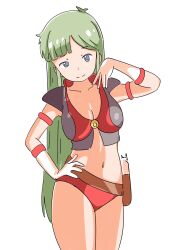Rule 34 | 1girl, blue eyes, breasts, cleavage, gloves, green hair, gun, hand on own chest, hand on own hip, highres, kirishima reika, large breasts, legs, long hair, looking at viewer, midriff, seductive gaze, seductive smile, smile, solo, thighs, time gal, vatsha, weapon