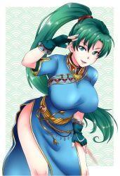 Rule 34 | 1girl, azdraw, curvy, earrings, fire emblem, fire emblem: the blazing blade, gloves, green eyes, green hair, holding, holding weapon, jewelry, long hair, looking at viewer, lyn (fire emblem), necklace, nintendo, open mouth, outdoors, pelvic curtain, petals, ponytail, sheath, shiny skin, short sleeves, sky, smile, solo, tagme, weapon