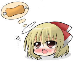 Rule 34 | 1girl, blonde hair, boned meat, crying, crying with eyes open, fang, female focus, food, meat, mori 181, red eyes, ribbon, rumia, solo, tears, embodiment of scarlet devil, thought bubble, touhou, white background, yukkuri shiteitte ne