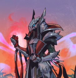 Rule 34 | 1boy, armor, azir, clenched hands, full armor, glowing, glowing eyes, grass, green eyes, hand up, league of legends, multicolored background, noxus (league of legends), phantom ix row, red background, shoulder plates, shoulder spikes, solo, spikes