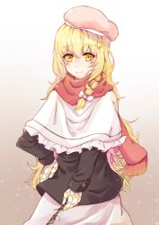 Rule 34 | 1girl, absurdres, alternate costume, alternate headwear, black jacket, blonde hair, blush, braid, capelet, commentary request, cowboy shot, gloves, hair ornament, hand on own hip, hat, highres, holding, holding wand, jacket, kirisame marisa, krisame amane, long hair, looking at viewer, pink hat, red scarf, scarf, single braid, skirt, smile, solo, sparkle, star (symbol), star hair ornament, touhou, very long hair, wand, white capelet, white skirt, yellow eyes
